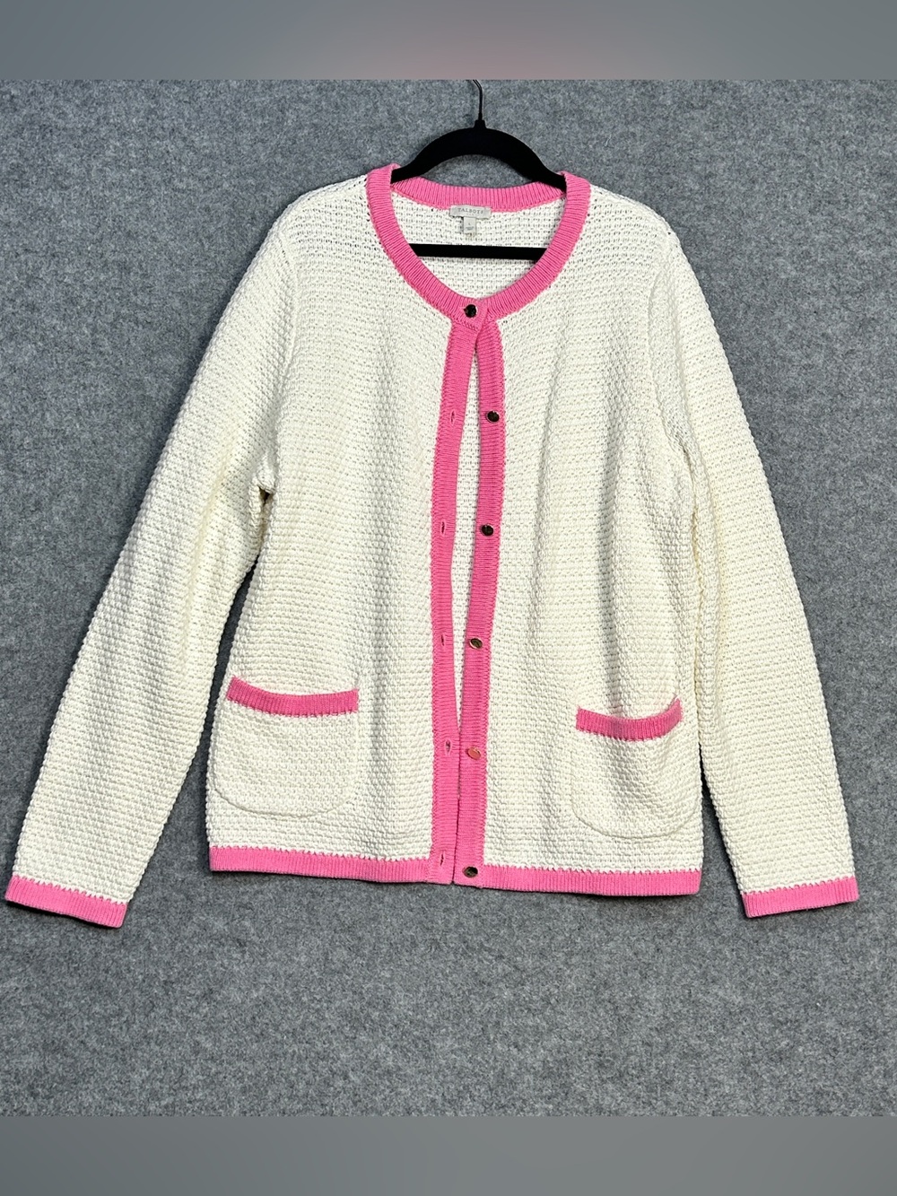 Talbots Lg Ivory & Pink Knit Cardigan Sweater Jacket Preppy Classic Coquette